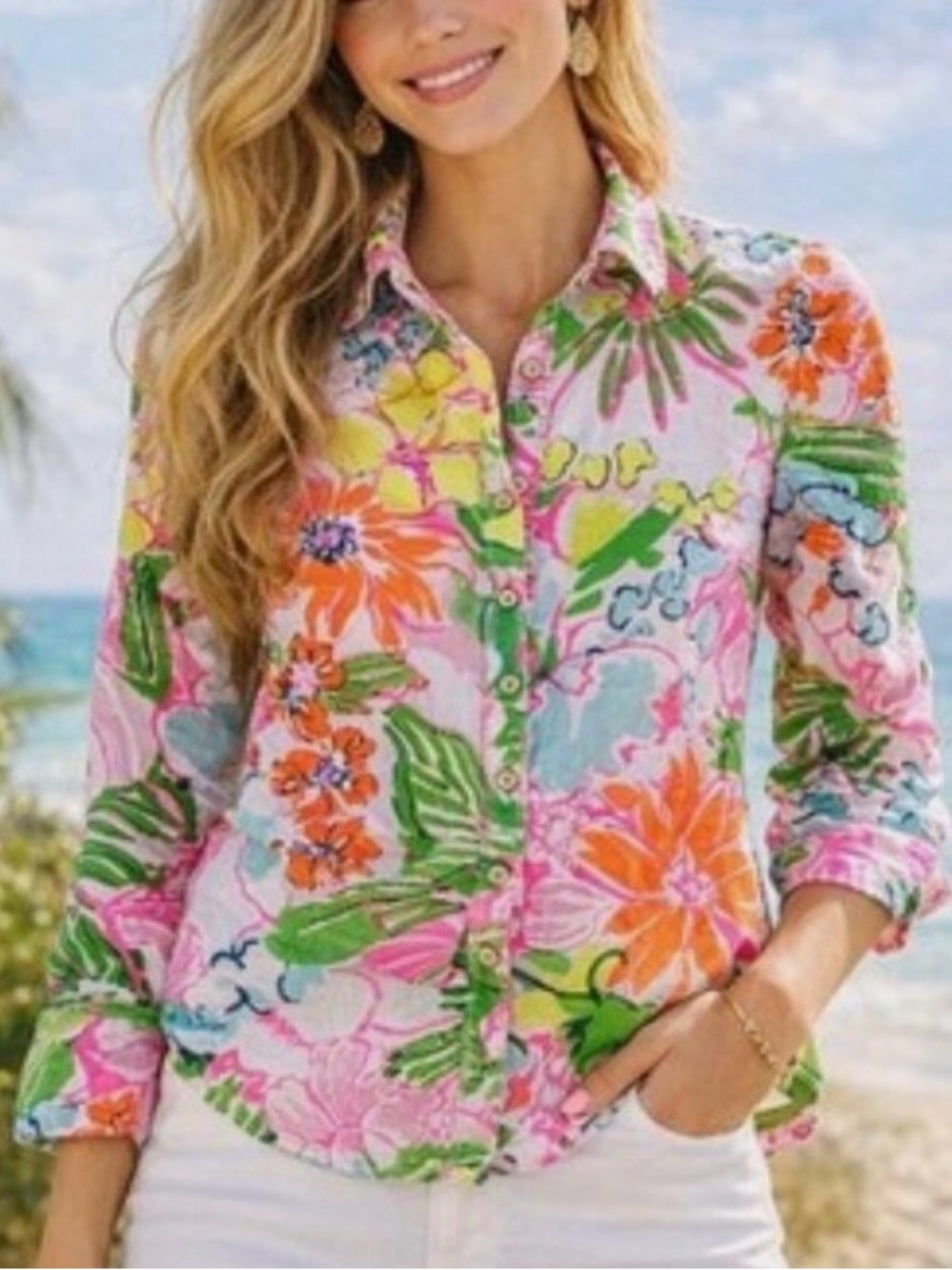 Lilly Pulitzer X Target Nosey Posey Floral Print Long Sleeve Button Up Blouse XS